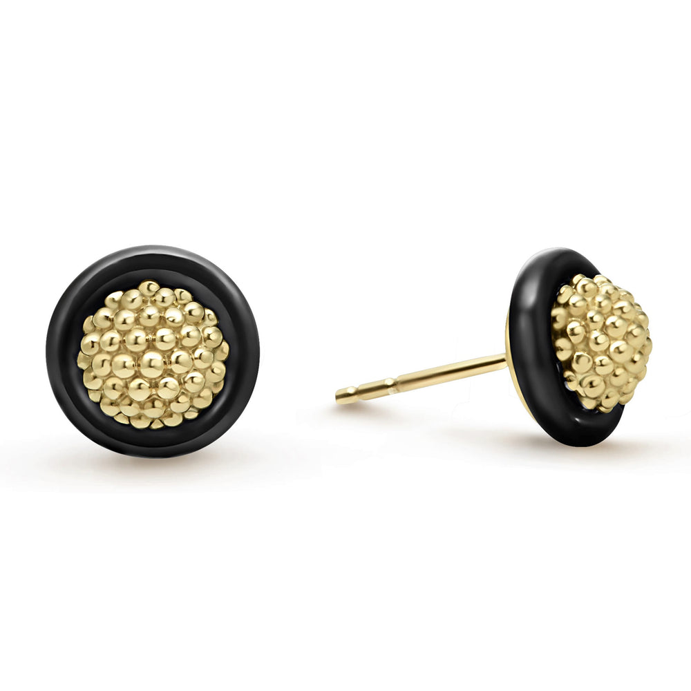 Meridian 18K Gold Caviar and Black Ceramic Stud Earrings