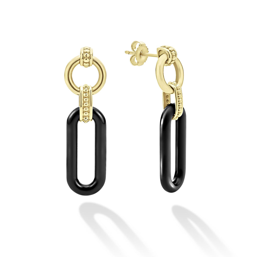 Signature Caviar 18K Gold and Black Ceramic Link Drop Earrings