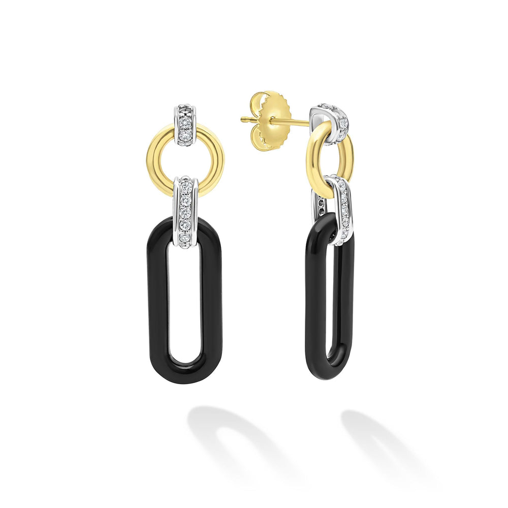 Signature Caviar 18K Gold and Black Ceramic Diamond Link Drop Earrings