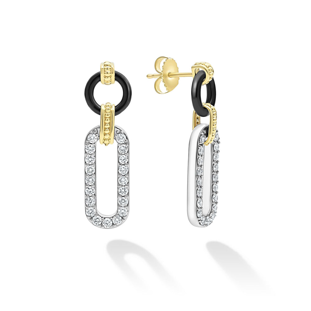 Signature Caviar 18K Gold and Black Ceramic Diamond Link Drop Earrings