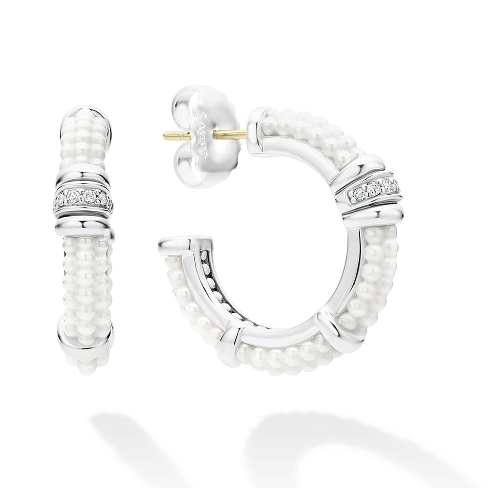 White Caviar Ceramic and Diamond Hoop Earrings