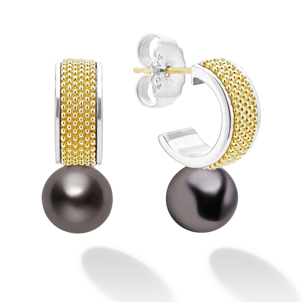 Luna Two-Tone Tahitian Black Pearl Hoop Earrings