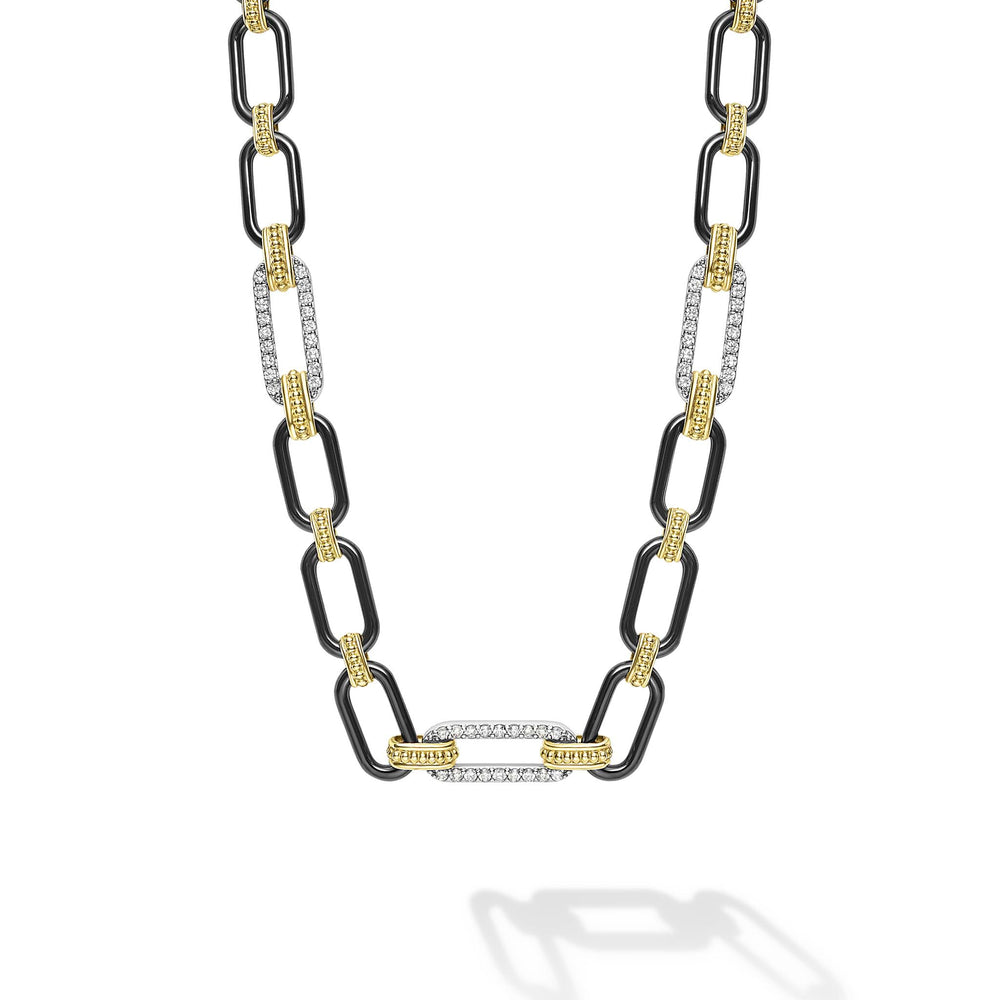 Signature Caviar 18K Gold and Black Ceramic Three Diamond Station Link Necklace | 6mm