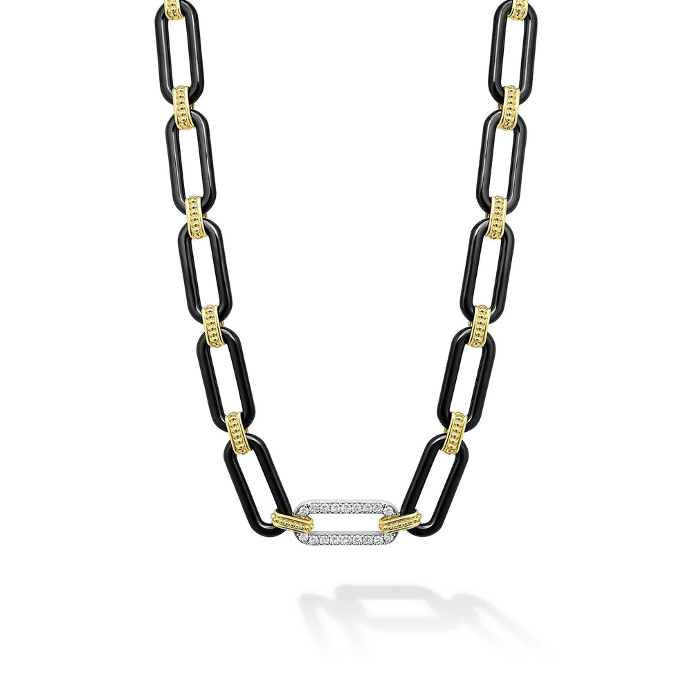 Signature Caviar 18K Gold and Black Ceramic Diamond Station Link Necklace | 9mm