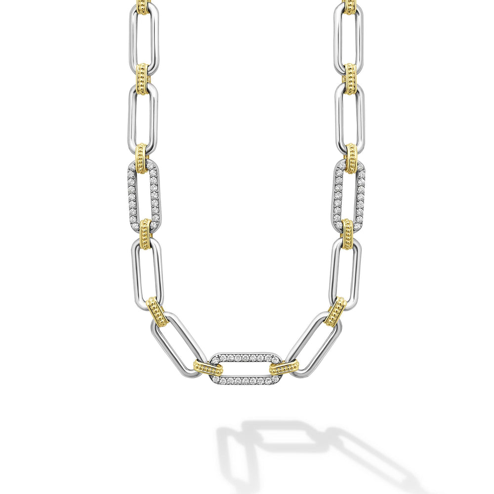 Signature Caviar Two-Tone Link Three Station Diamond Necklace