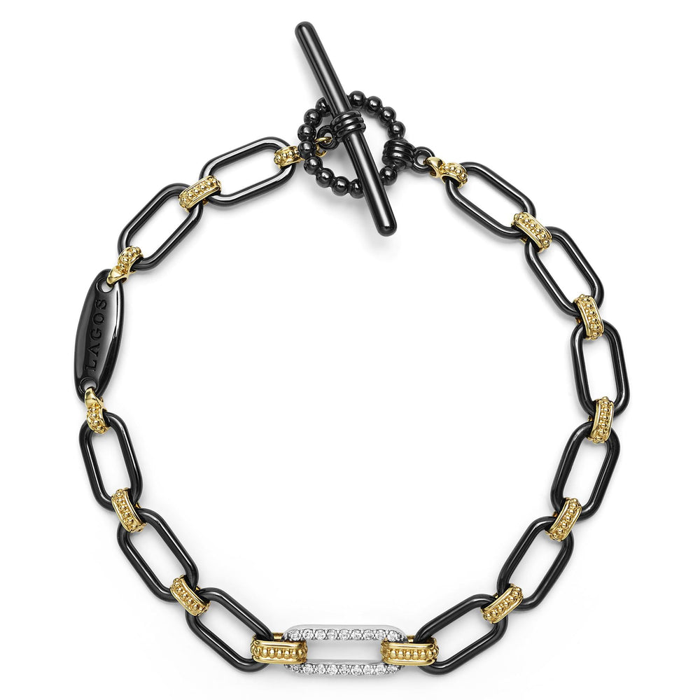 Signature Caviar 18K Gold and Black Ceramic Diamond Station Link Bracelet | 6mm