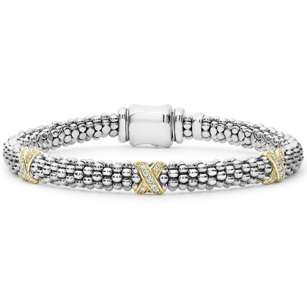 Embrace Three Station Gold X Diamond Caviar Bracelet | 6mm