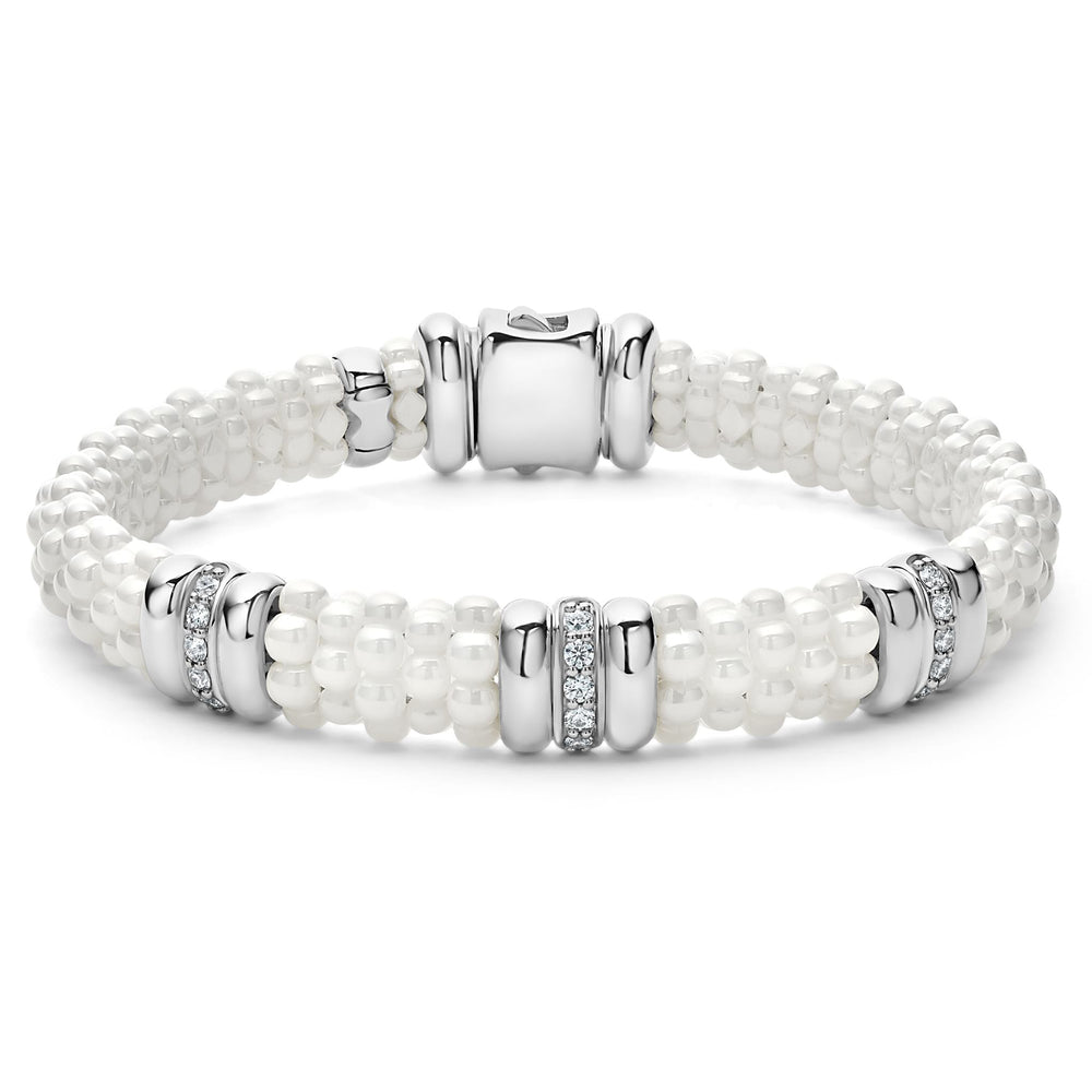 White Caviar Three Station Ceramic Diamond Bracelet | 9mm