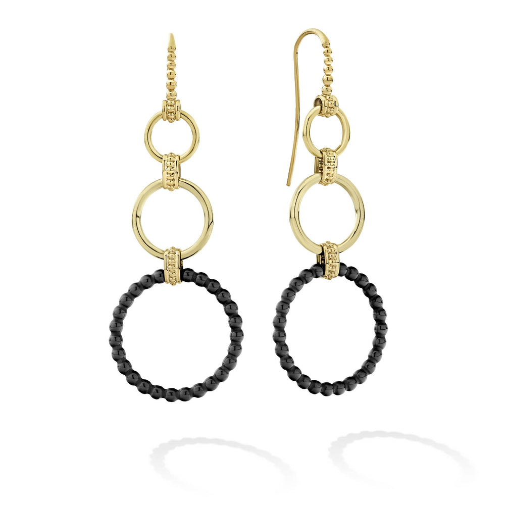 Black Caviar Three Gold and Ceramic Circle Drop Earrings